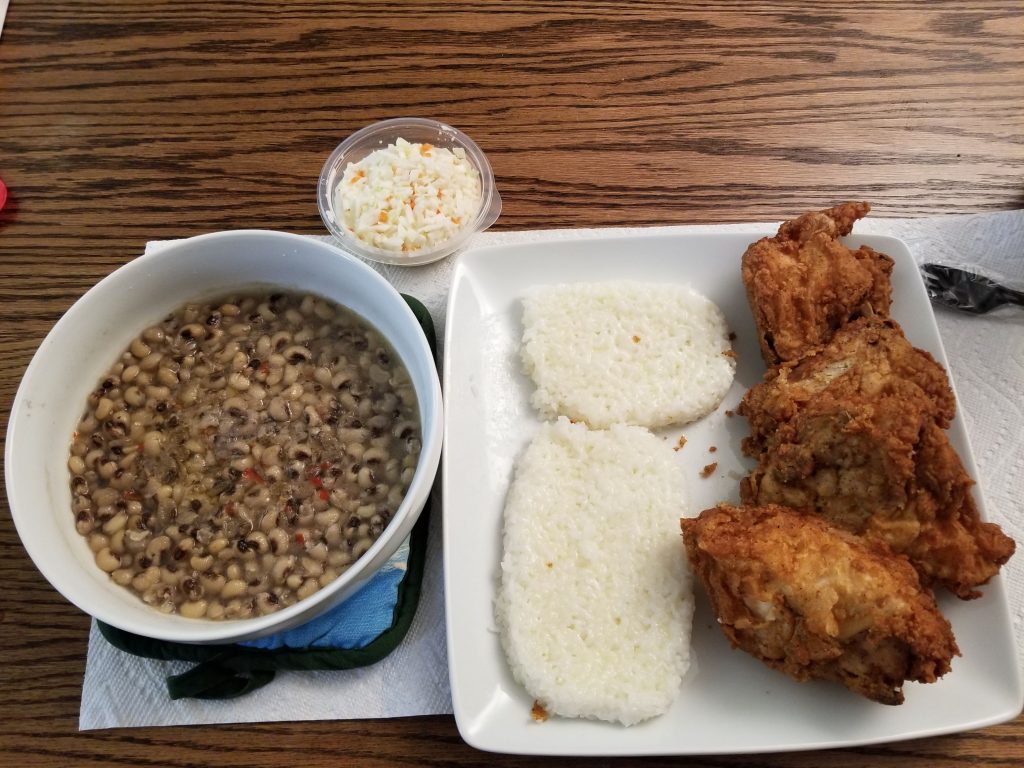 Fried Chicken-rice-purple hulled peas-coleslaw