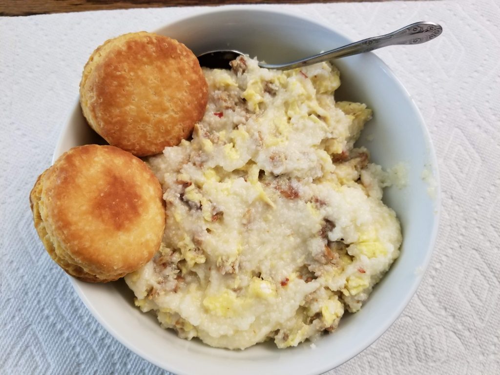 Breakfast Bowl-grits-eggs-sausage-biscuit