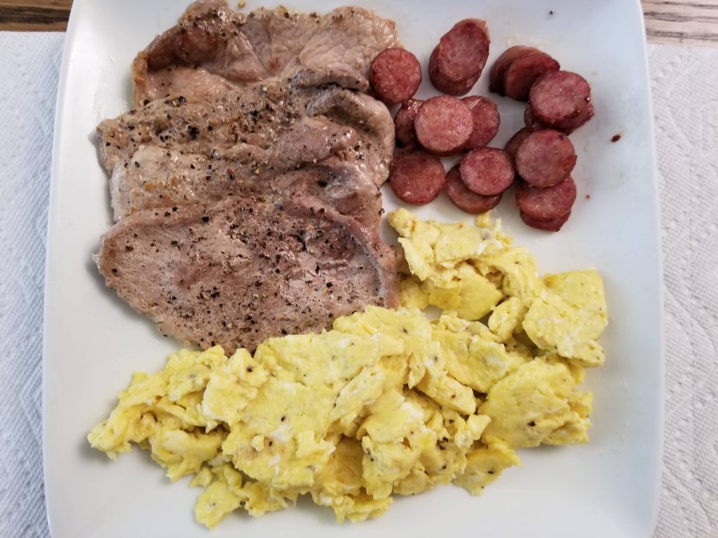 pork chops-scrambled eggs-smoked sausage