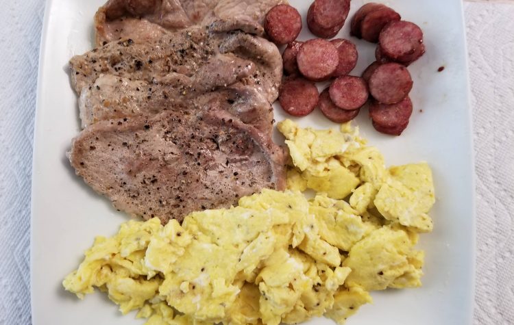 pork chops-scrambled eggs-smoked sausage